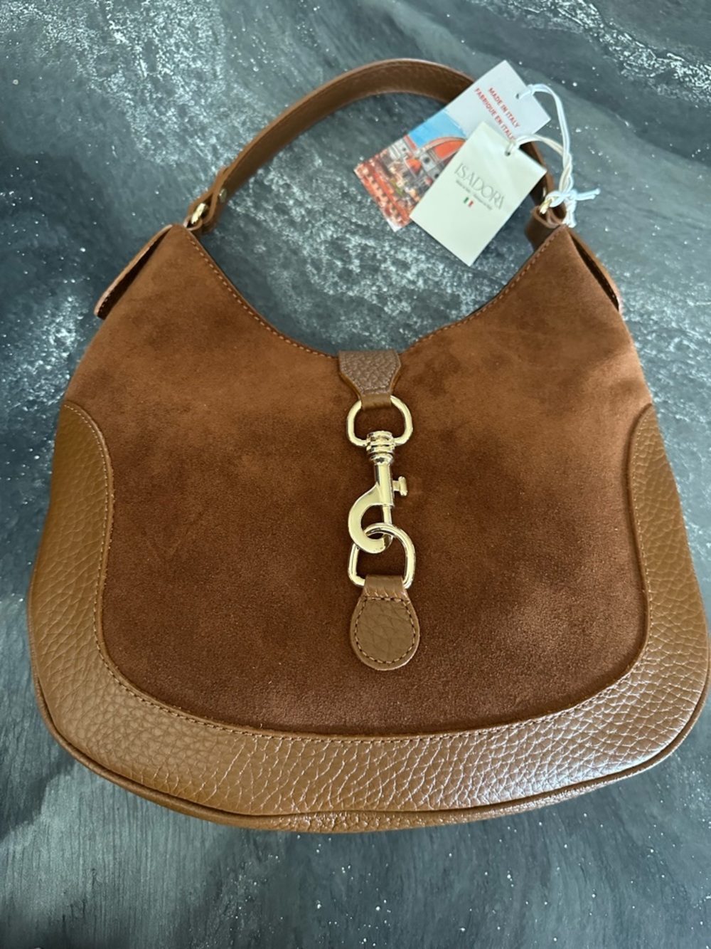 Brown Suede & Leather Hobo Bag with Gold Hardware